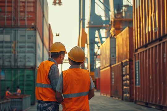 Two men in orange safety vests are standing in a warehouse. They are wearing hard hats and talking to each other. Concept of international workers' day