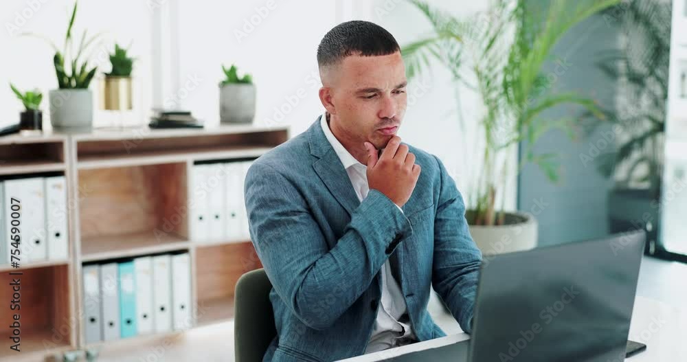 Poster businessman, thinking and laptop for online research in office and information for problem solving a