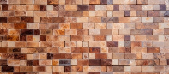 This close-up shot showcases a intricately designed brown and beige tile wall, ideal for bathroom interior decoration in contemporary modern buildings. The tiles are neatly arranged,