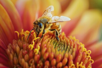 A bee is on a flower. The flower is orange and yellow. The bee is looking at the camera