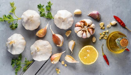 Fototapeta na wymiar high quality photo . Whole and broken garlic bulbs, cook book idea for chopping vegetables