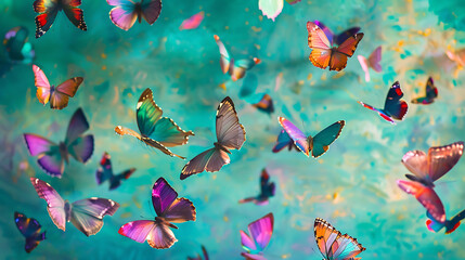 This captivating image showcases a collection of colorful butterflies against a turquoise background.
