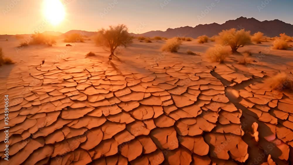 Poster barren desert landscape with sparse trees and distant mountains generative ai