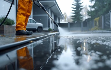 A man in orange boots is cleaning a sidewalk with a pressure washer. The sidewalk is wet and the man is spraying water on it