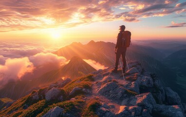 Fototapeta premium A multiracial person stands triumphantly on top of a mountain as the sun sets, casting a warm glow over the rugged terrain