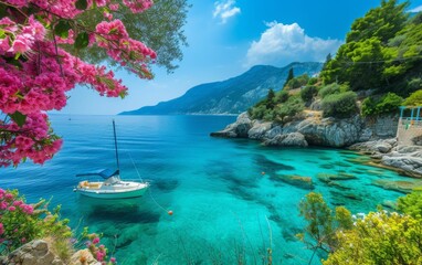 A small white boat is floating in the middle of a large body of water. The water is clear and blue, and there are trees in the background. The scene is peaceful and serene, with the boat - obrazy, fototapety, plakaty