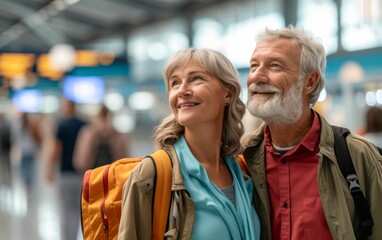 A couple of older people are smiling at the camera while holding their luggage. The man is wearing a red shirt and the woman is wearing a blue shirt. They seem to be happy and excited about their trip