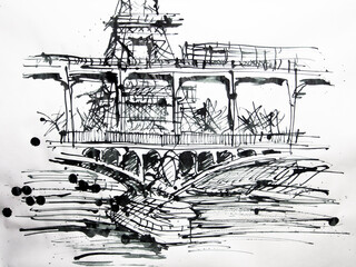 Paris, France handmade illustration. Black and white drawing of Paris. Architectural sketch.