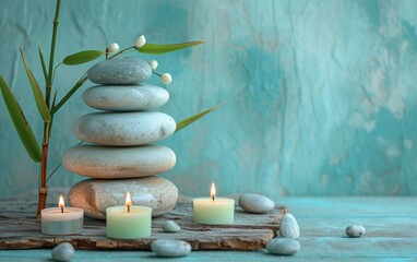 A stack of rocks with a green leaf on top and candles in between - Powered by Adobe