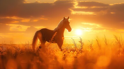 Animal photography horse with natural background in the sunset view, AI generated image