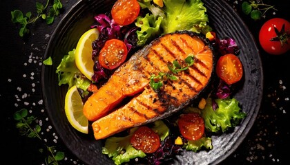 high quality photo. Grilled salmon steak and vegetable salad top view 
