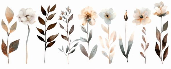 Set of watercolor style of tropical flower and leaves in earthy tones. AI generated image
