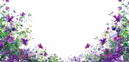 Obraz na płótnie Canvas Beautiful illustration watercolor violet floral spring frame space white background. AI generated