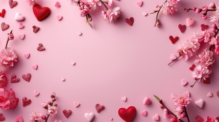 romantic background featuring a pink color scheme with a frame of pink and red hearts and flowers