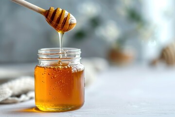 A jar of honey is poured into a spoon. The honey is golden and thick, and it looks delicious. Concept of World Bee Day