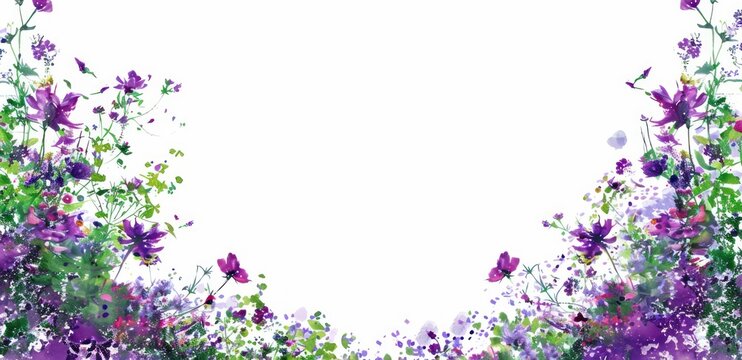 Beautiful illustration watercolor violet floral spring frame space white background. AI generated