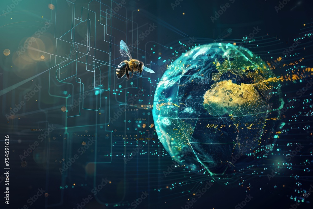 Poster a bee is flying over a globe with a blue background. the globe is surrounded by a network of lines a