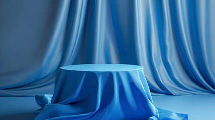Cylinder podium covered with blue cloth on background. Premium empty fabric pedestal for product display - generative ai