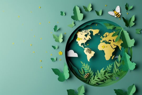 A paper cutout of the earth with a bee and a butterfly on it. Concept of World Bee Day