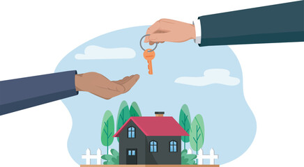 A vector illustration of a hand giving a house key to another, with a home background signaling property ownership transfer.