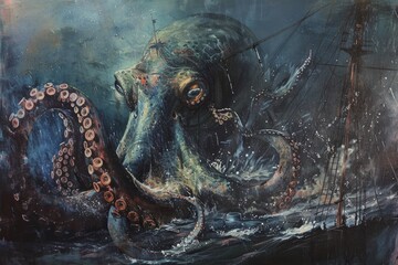 A surrealistic painting of a colossal squid lurking in the depths, its massive tentacles coiled around a sunken shipwreck in a scene of eerie beauty - obrazy, fototapety, plakaty