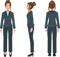 Obraz premium BUSINEVector illustration of a professional businesswoman from three distinct angles: frontal, side, and rear. The character has dark suit and white shirt.