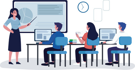 A Modern classroom scene with a teacher engaging a group of students. Students using computers and printed materials while the teacher employs a digital presentation.