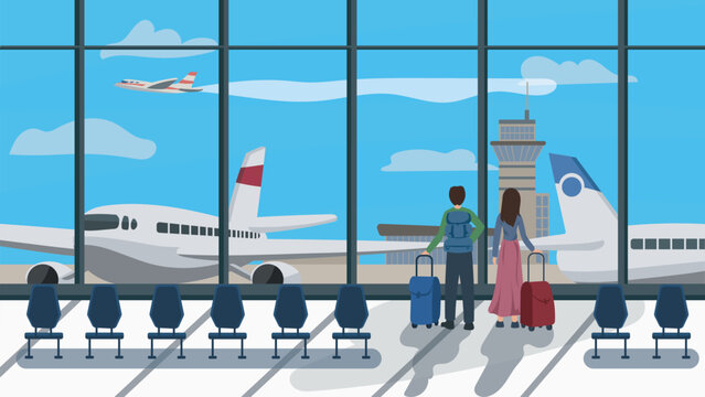 Passengers waiting in airport terminal with Luggage and backpack while waiting for the flight.  Vector Illustration of Airport Lounge. Travel, tourism, flying concepts