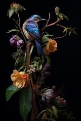 Blue bird on a branch with flowers 