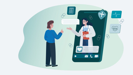 Vector Illustration of a man interacting with a female doctor through a smartphone medical app. Online healthcare consultation, modern telemedicine concept. 