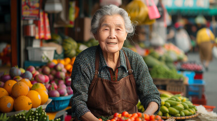 An elderly Asian woman vendor with a warm smile sit behind a colorful market stall full of fresh fruits and vegetables.