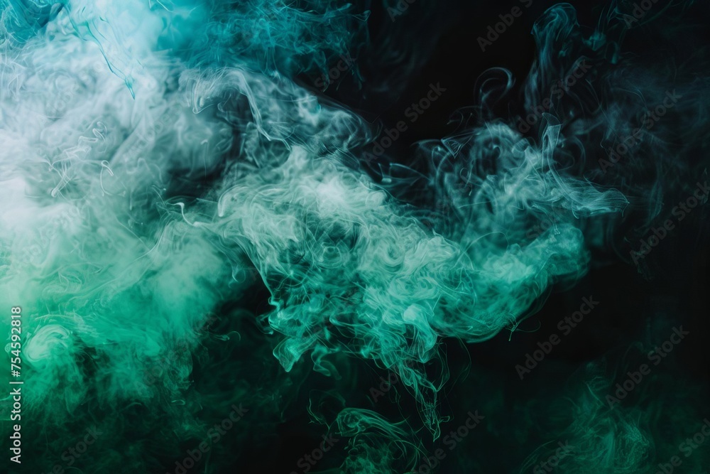 Poster abstract concept with a cloud of green and blue smoke on a black background creating a mysterious an