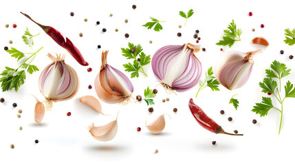 Flying onion, parsley and spices isolated on white - obrazy, fototapety, plakaty