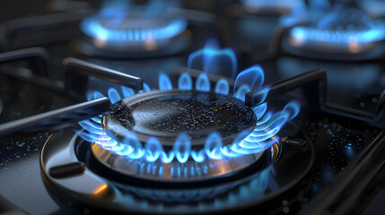 A close-up view of a gas burner with a blue flame on a domestic stove.