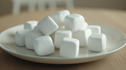 Fototapeta na wymiar White square marshmallow on a plate in close-up. AI generative.