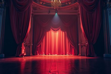 Classic theater stage with dramatic red curtains and spotlight before a performance Setting the scene for a grand event