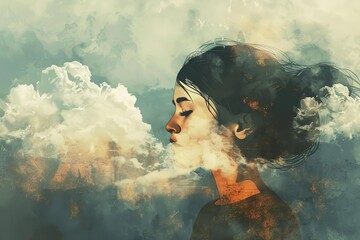 Conceptual illustration of a young woman lost in thought With her head in the clouds Symbolizing introspection and the complexity of human emotions - obrazy, fototapety, plakaty