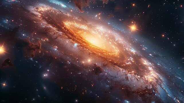Beautiful travel in deep space among stars and nebulas. Spiral space galaxy cosmos background. 