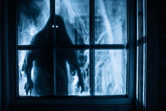 Eerie silhouette of a ghost appearing in a window Setting a spooky scene for halloween night