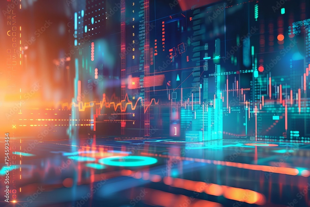 Poster innovative financial technology background with futuristic digital graphs and data analytics visuali