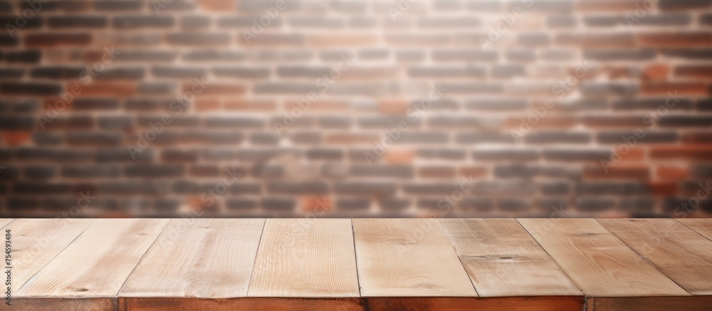 Aufkleber an empty wooden table is placed in front of a light brick wall background. the table is made of wood