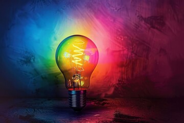 Idea bulb glowing brightly in a spectrum of colors Illustrating the concept of innovation Creativity And the eureka moment in brainstorming sessions - obrazy, fototapety, plakaty