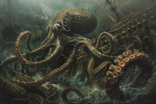 A surrealistic painting of a colossal squid lurking in the depths, its massive tentacles coiled around a sunken shipwreck in a scene of eerie beauty