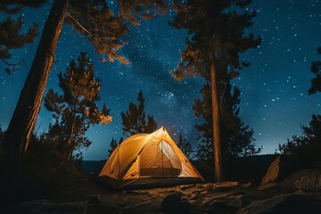 Peaceful camping scene with a tent under a starlit sky Surrounded by nature. emphasizes tranquility Adventure And the beauty of outdoor overnight stays - obrazy, fototapety, plakaty
