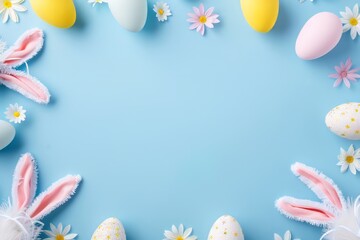 Naklejka na ściany i meble Top view photo of white pink blue and yellow eggs on isolated background.Easter party concept