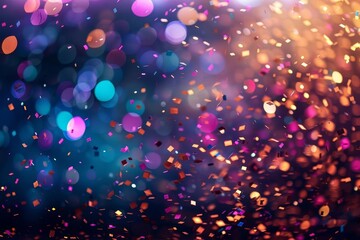 Naklejka premium Vibrant celebration scene with glittering confetti and dynamic light streaks against a blurred party background. creates an atmosphere of joy and festivity