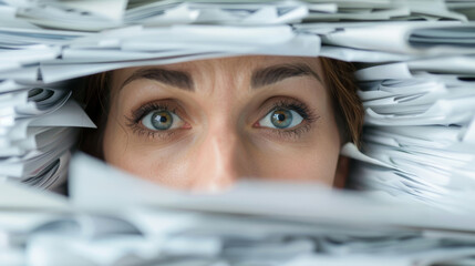 Ertrinkend in Papierstapeln: Eine Frau kämpft sich durch die Büroarbeit, Es ist nur noch ein Ausschnitt Ihres Gesichts zwischen den Dokumenten zu sehen.