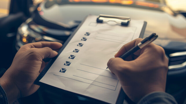 Der kritische Blick: Eine Checkliste f&uuml;r den Gebrauchtwagenkauf. Ein Mann steht vor einem gebrauchten Auto mit einer Checkliste f&uuml;r seine Notizen.