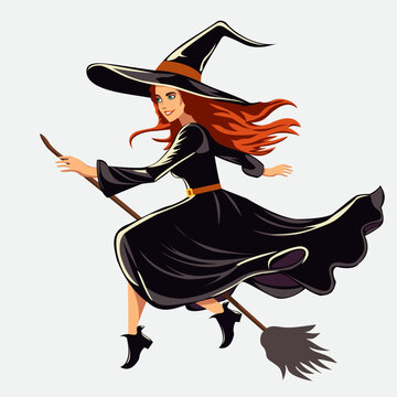 A beautiful woman witch with green eyes in a hat flies on a broom.