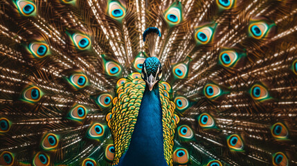 Obraz premium Close-up of a majestic peacock, discover the natural beauty of the peacock. Beautiful and vibrant colors of peacock feathers. The dance of peacock feathers, opulence and distinction